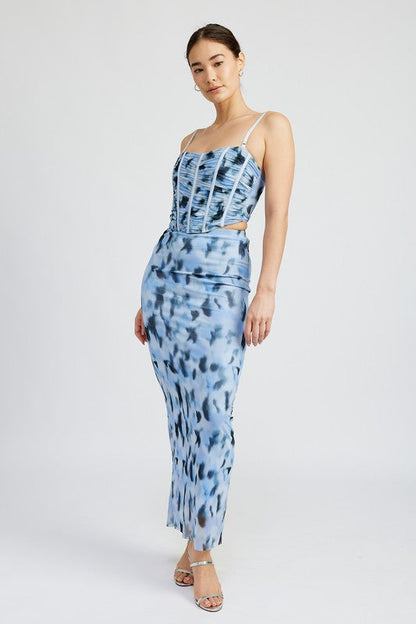 PRINTED MESH MAXI SKIRT BLUE COMBO by Emory Park | Fleurcouture