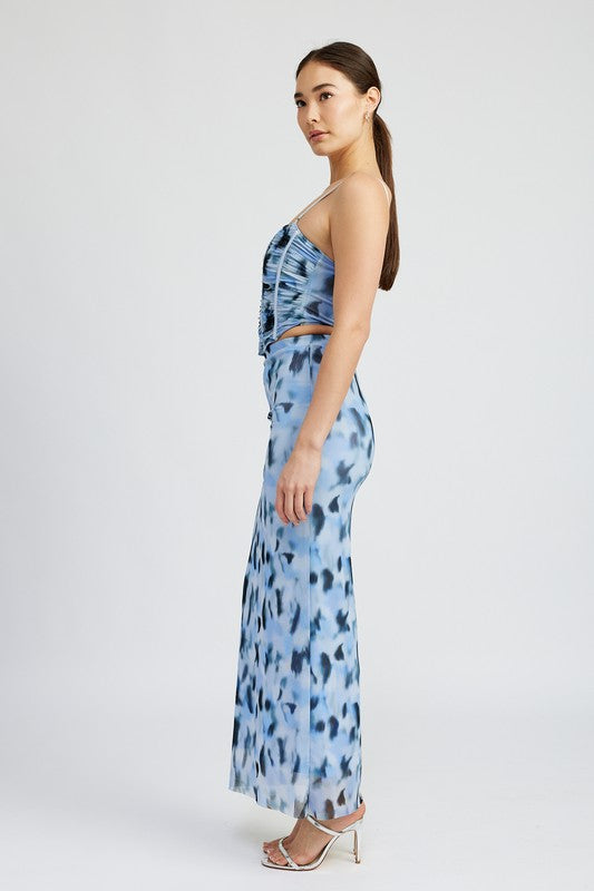 PRINTED MESH MAXI SKIRT BLUE COMBO by Emory Park | Fleurcouture