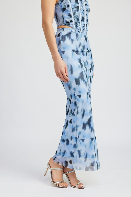 PRINTED MESH MAXI SKIRT BLUE COMBO by Emory Park | Fleurcouture