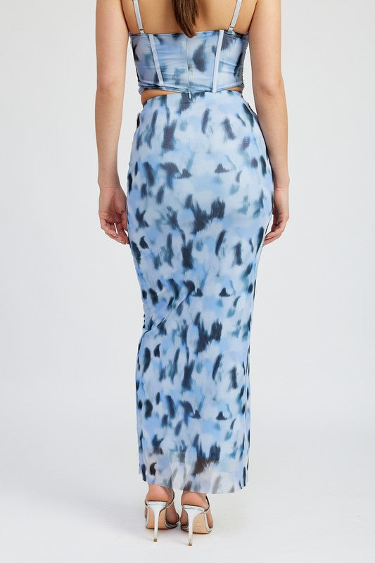 PRINTED MESH MAXI SKIRT BLUE COMBO by Emory Park | Fleurcouture