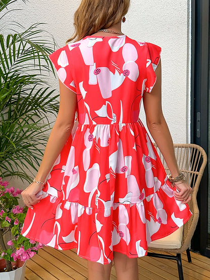 Printed Notched Cap Sleeve Dress Hot Pink Dresses by Trendsi | Fleurcouture