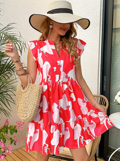 Printed Notched Cap Sleeve Dress Hot Pink S Dresses by Trendsi | Fleurcouture