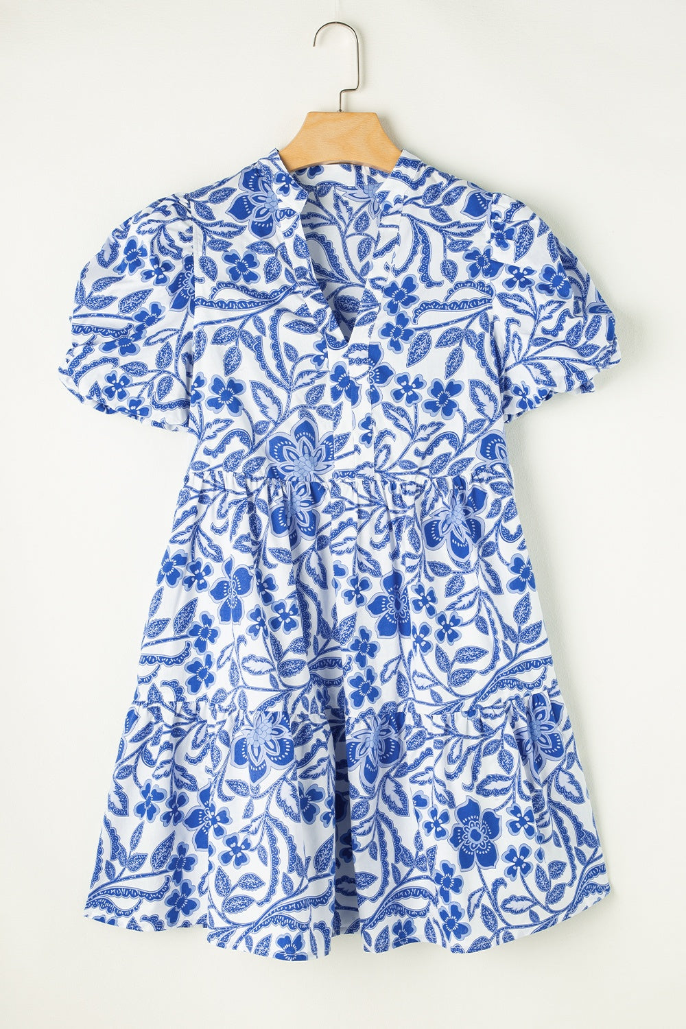 Printed Notched Puff Sleeve Dress Royal Blue S Women&