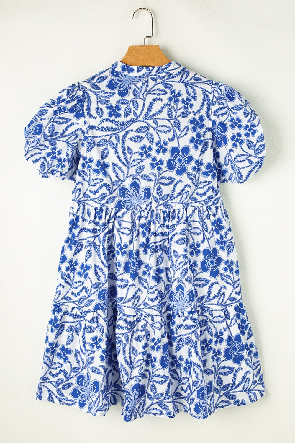 Printed Notched Puff Sleeve Dress Royal Blue Women&