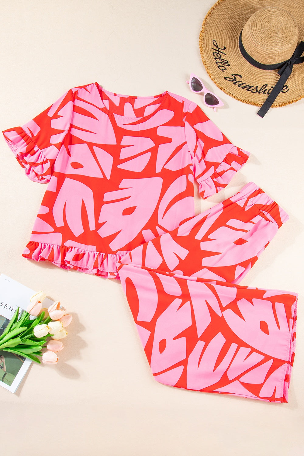 Printed Round Neck Top and Pants Set Strawberry SETS by Trendsi | Fleurcouture