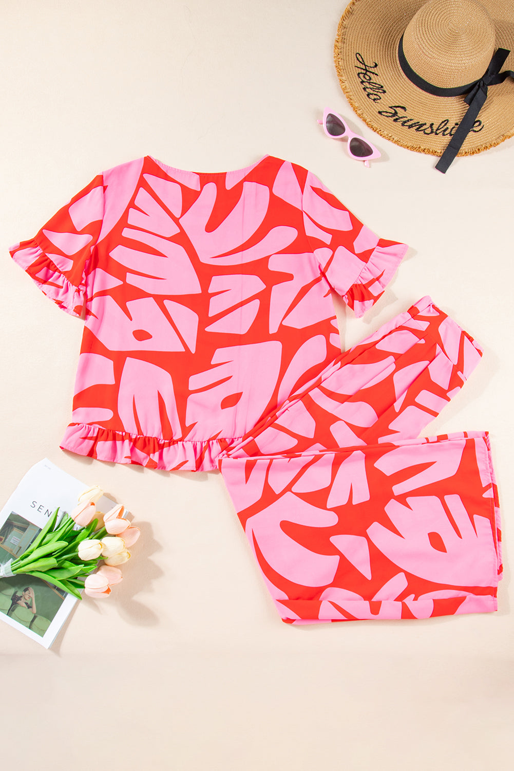 Printed Round Neck Top and Pants Set Strawberry SETS by Trendsi | Fleurcouture