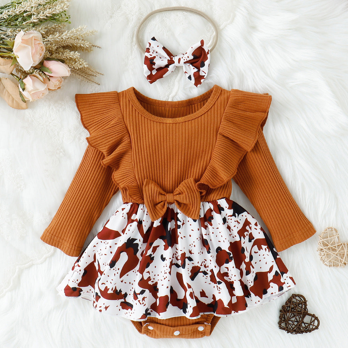 Printed Ruffled Bow Round Neck Bodysuit Dress Baby &amp; Toddler Clothing by Trendsi | Fleurcouture