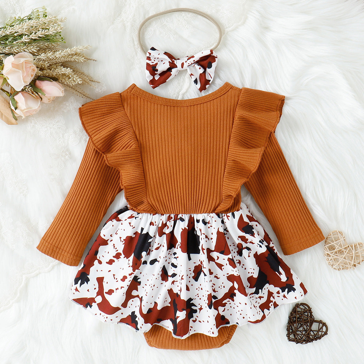 Printed Ruffled Bow Round Neck Bodysuit Dress Baby &amp; Toddler Clothing by Trendsi | Fleurcouture