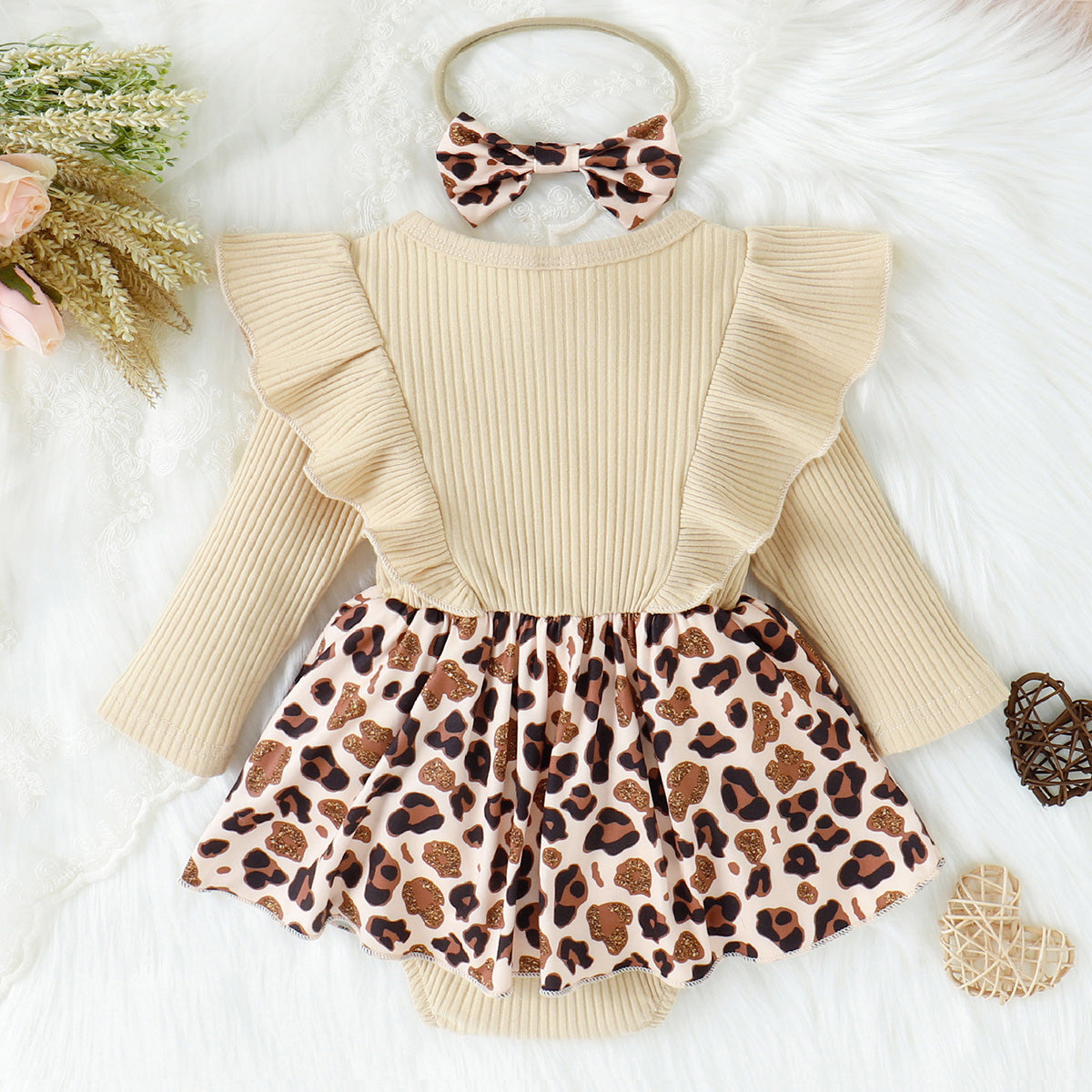 Printed Ruffled Bow Round Neck Bodysuit Dress Baby &amp; Toddler Clothing by Trendsi | Fleurcouture