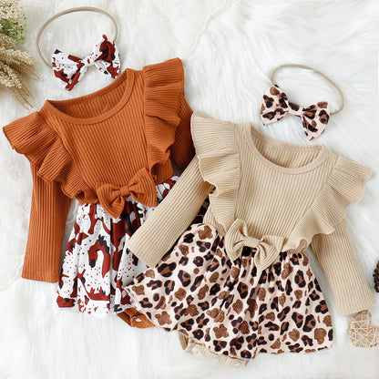 Printed Ruffled Bow Round Neck Bodysuit Dress Caramel 3-6M Baby &amp; Toddler Clothing by Trendsi | Fleurcouture