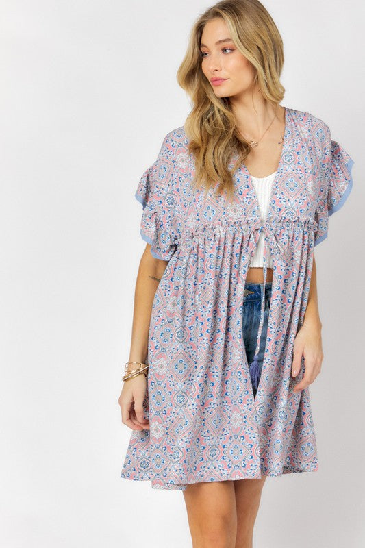 Printed Short Sleeve Ruffle Kimono Light Peach by Davi &amp; Dani | Fleurcouture