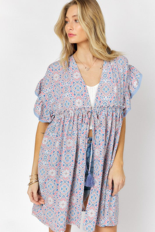 Printed Short Sleeve Ruffle Kimono Light Peach by Davi &amp; Dani | Fleurcouture