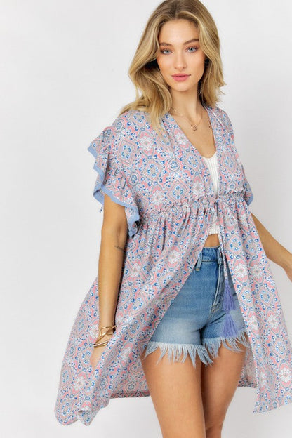 Printed Short Sleeve Ruffle Kimono Light Peach by Davi &amp; Dani | Fleurcouture