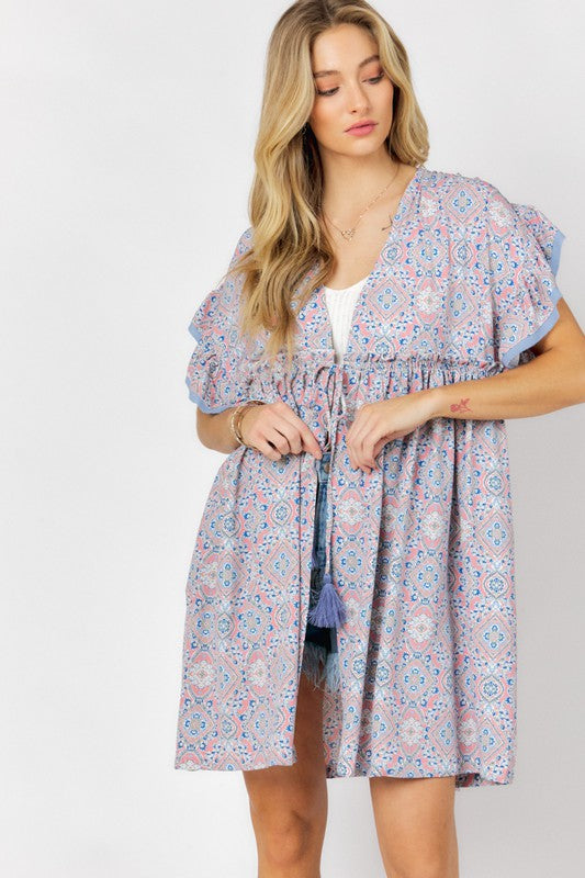 Printed Short Sleeve Ruffle Kimono Light Peach by Davi &amp; Dani | Fleurcouture