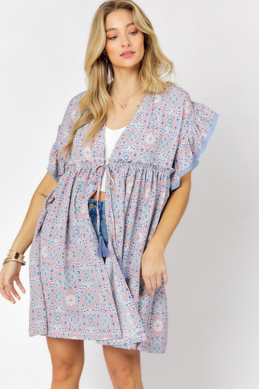 Printed Short Sleeve Ruffle Kimono Light Peach by Davi &amp; Dani | Fleurcouture