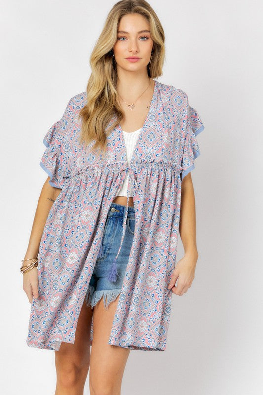 Printed Short Sleeve Ruffle Kimono Light Peach by Davi &amp; Dani | Fleurcouture