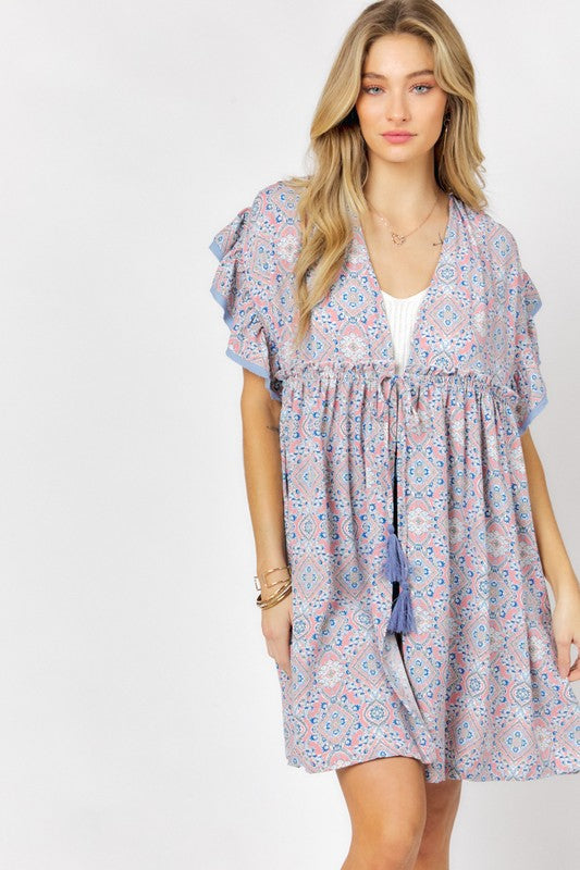 Printed Short Sleeve Ruffle Kimono Light Peach by Davi &amp; Dani | Fleurcouture