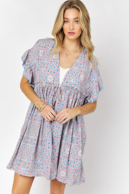 Printed Short Sleeve Ruffle Kimono Light Peach by Davi &amp; Dani | Fleurcouture