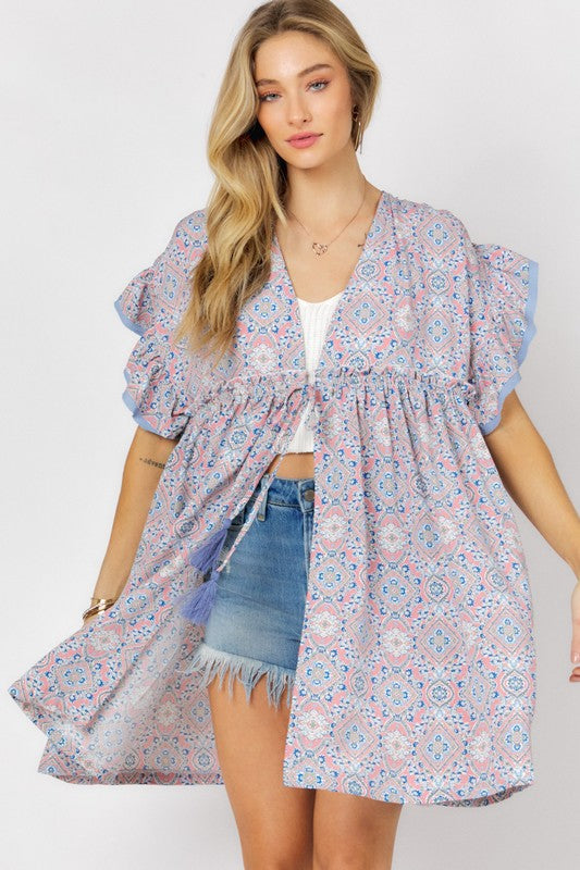 Printed Short Sleeve Ruffle Kimono Light Peach S by Davi & Dani | Fleurcouture