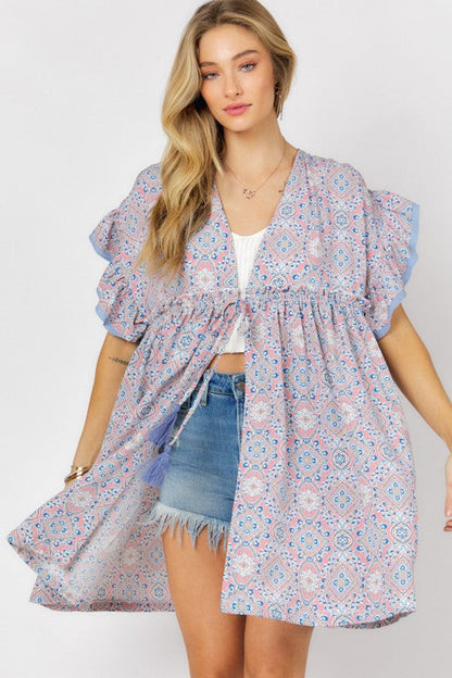 Printed Short Sleeve Ruffle Kimono Light Peach S by Davi &amp; Dani | Fleurcouture