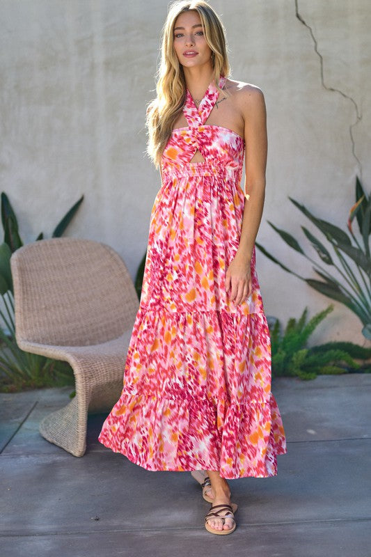 Printed Smocked Ruffle Maxi Dress Red L by Davi &amp; Dani | Fleurcouture