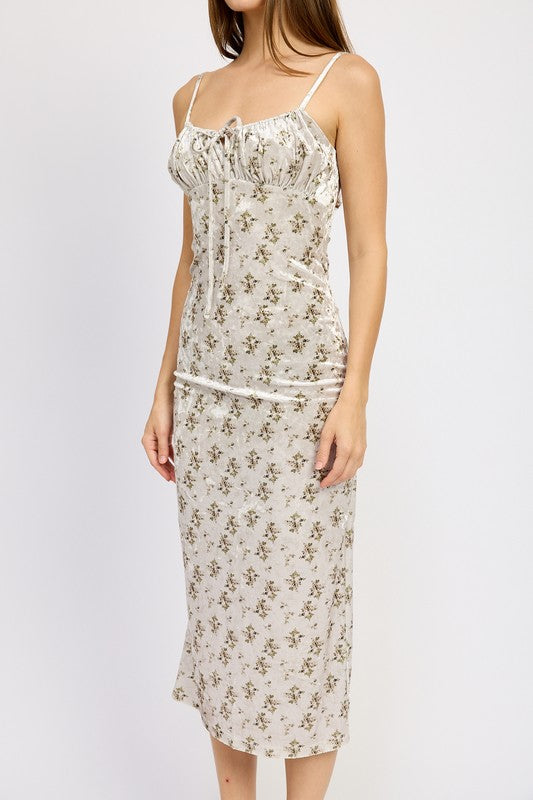 PRINTED SPAGHETTI STRAP MIDI DRESS OLIVE FLORAL by Emory Park | Fleurcouture