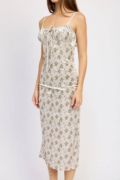 PRINTED SPAGHETTI STRAP MIDI DRESS OLIVE FLORAL by Emory Park | Fleurcouture