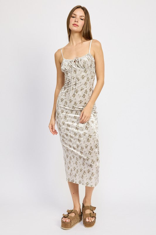 PRINTED SPAGHETTI STRAP MIDI DRESS OLIVE FLORAL by Emory Park | Fleurcouture