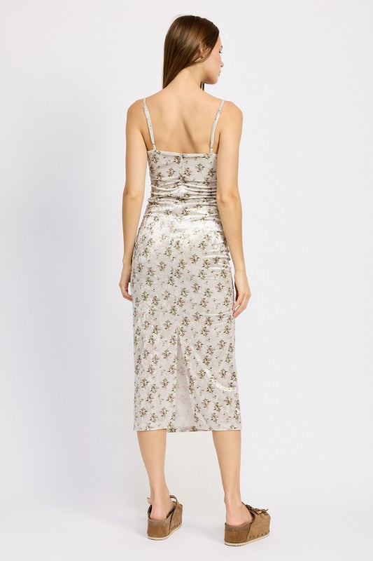 PRINTED SPAGHETTI STRAP MIDI DRESS OLIVE FLORAL by Emory Park | Fleurcouture