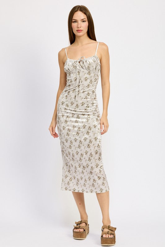 PRINTED SPAGHETTI STRAP MIDI DRESS OLIVE FLORAL S by Emory Park | Fleurcouture