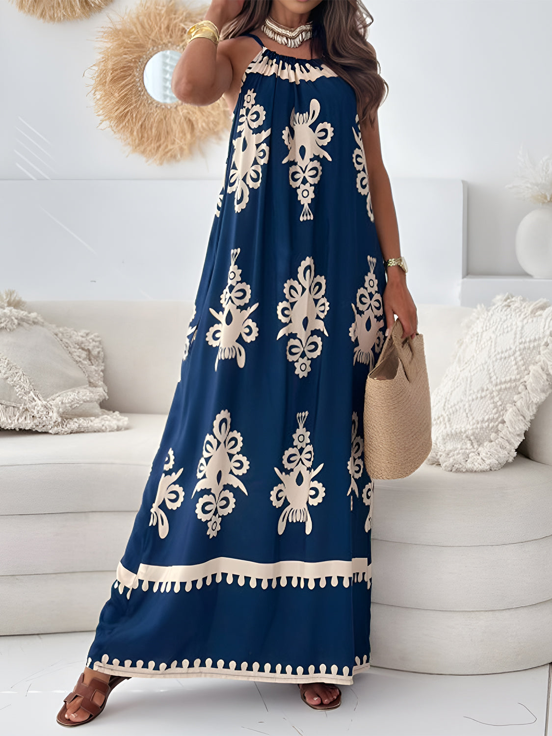 Printed Spaghetti Strap Sleeveless Maxi Dress Navy S Women&