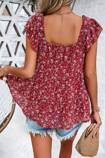 Printed Square Neck Cap Sleeve Blouse Women&