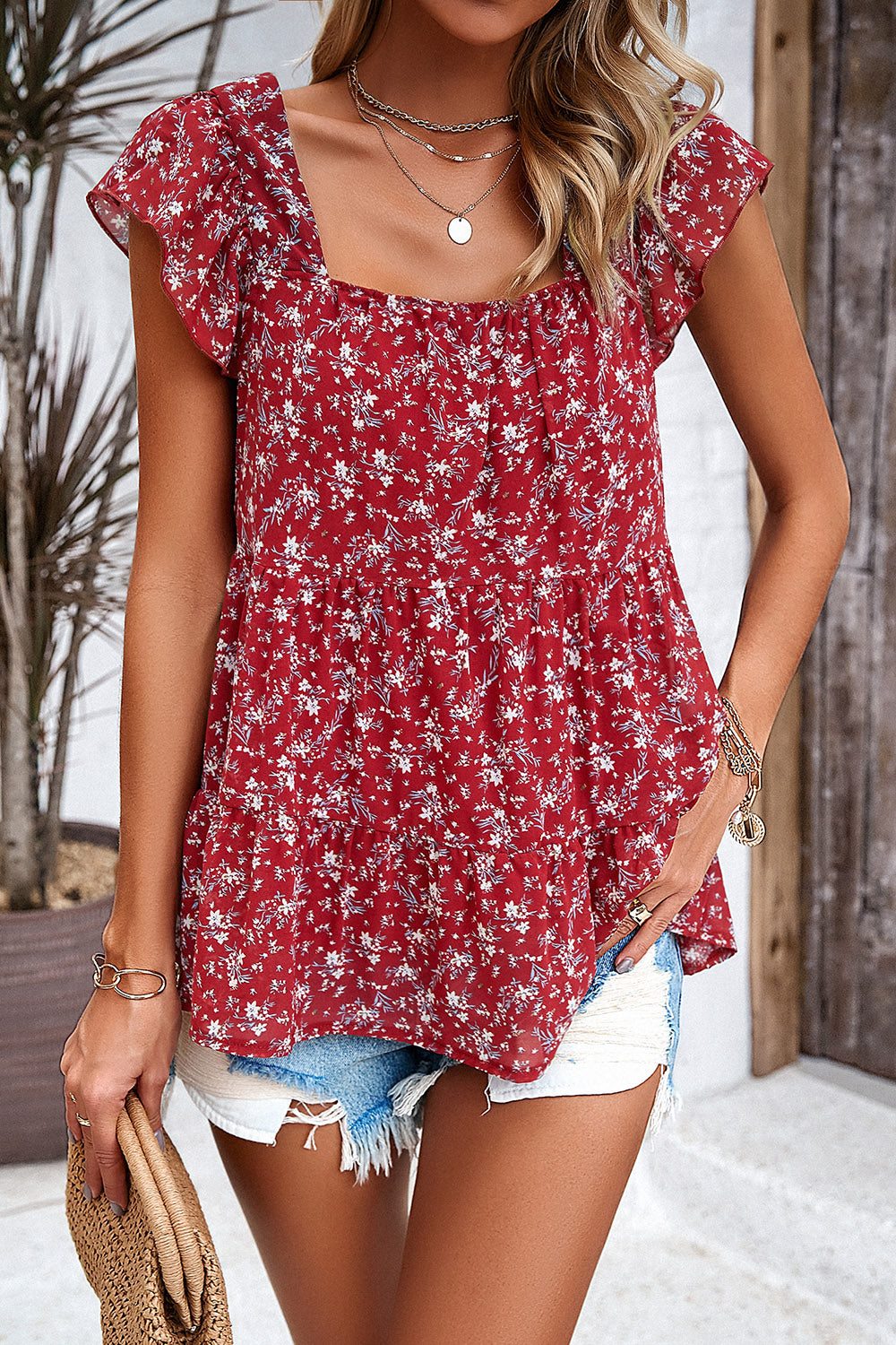 Printed Square Neck Cap Sleeve Blouse Women&