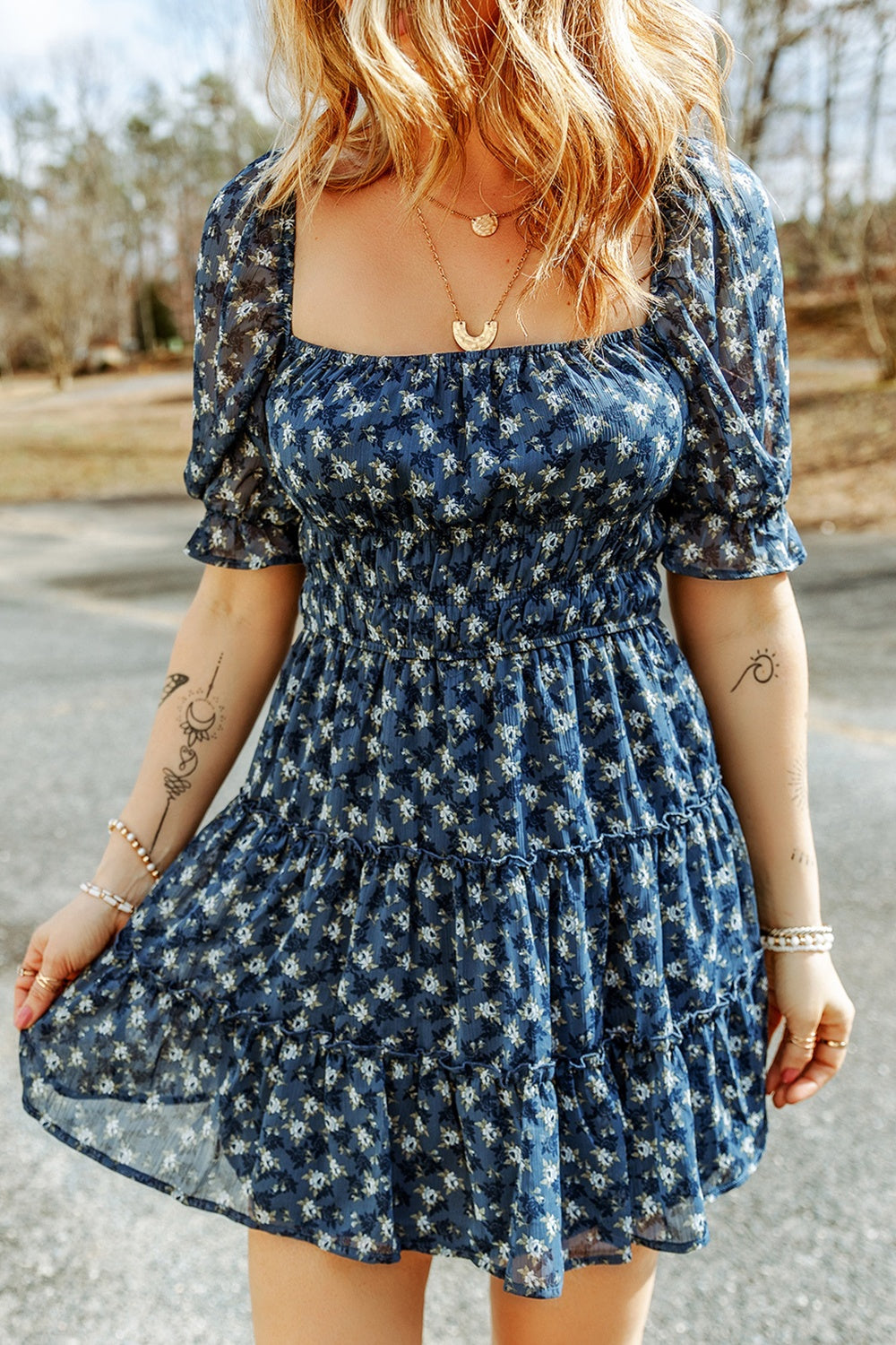 Printed Square Neck Short Sleeve Dress French Blue Dresses by Trendsi | Fleurcouture