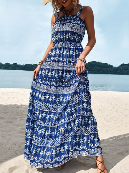 Printed Square Neck Sleeveless Maxi Dress Blue S by Trendsi | Fleurcouture