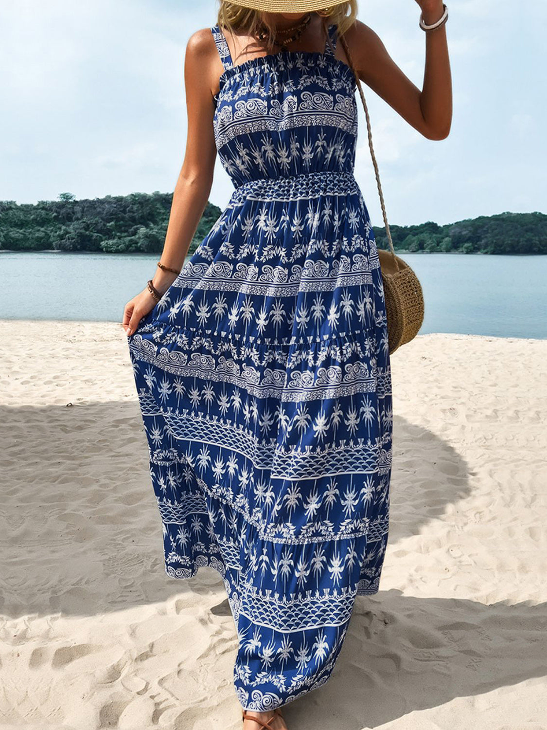 Printed Square Neck Sleeveless Maxi Dress Blue by Trendsi | Fleurcouture