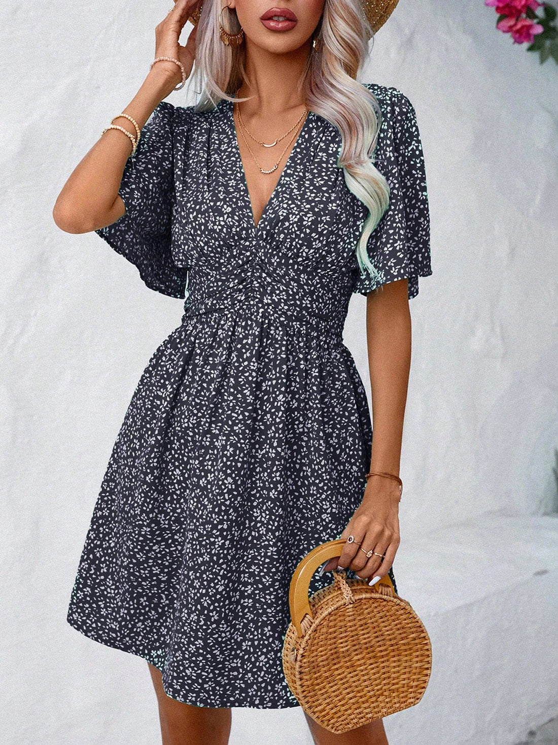 Printed V-Neck Half Sleeve Mini Dress Black S Women&