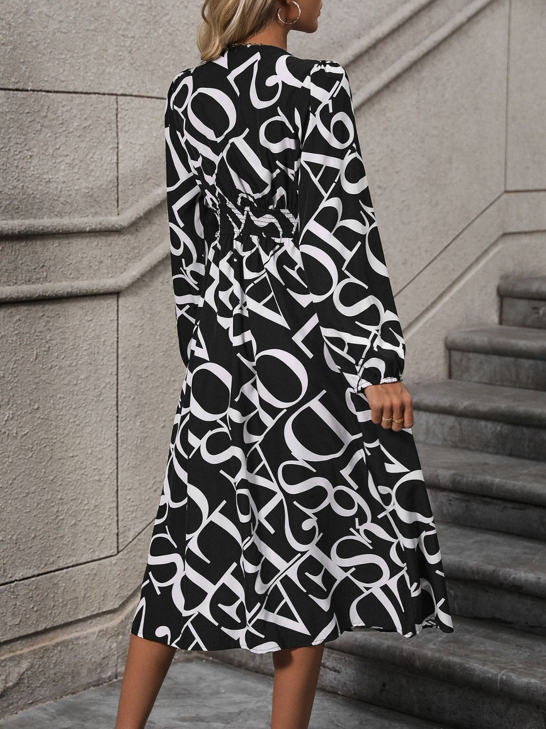 Printed V-Neck Long Sleeve Midi Dress Black Women&