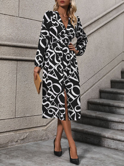 Printed V-Neck Long Sleeve Midi Dress Black Women&