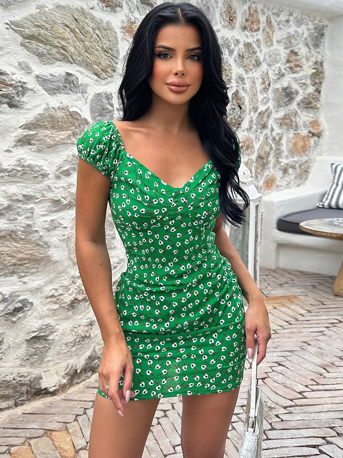 Printed V-Neck Short Sleeve Mini Dress Green S Dresses by Trendsi | Fleurcouture