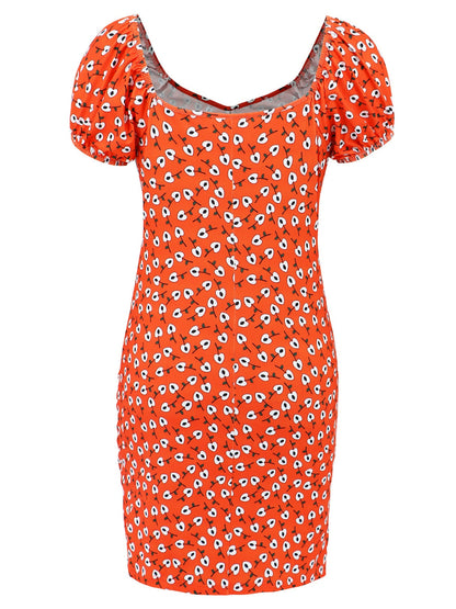 Printed V-Neck Short Sleeve Mini Dress Orange S Dresses by Trendsi | Fleurcouture