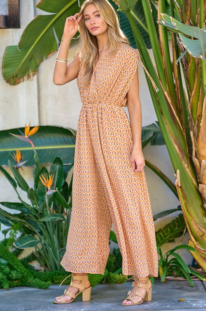 Printed V-Neck Sleeveless Jumpsuit by Davi &amp; Dani | Fleurcouture