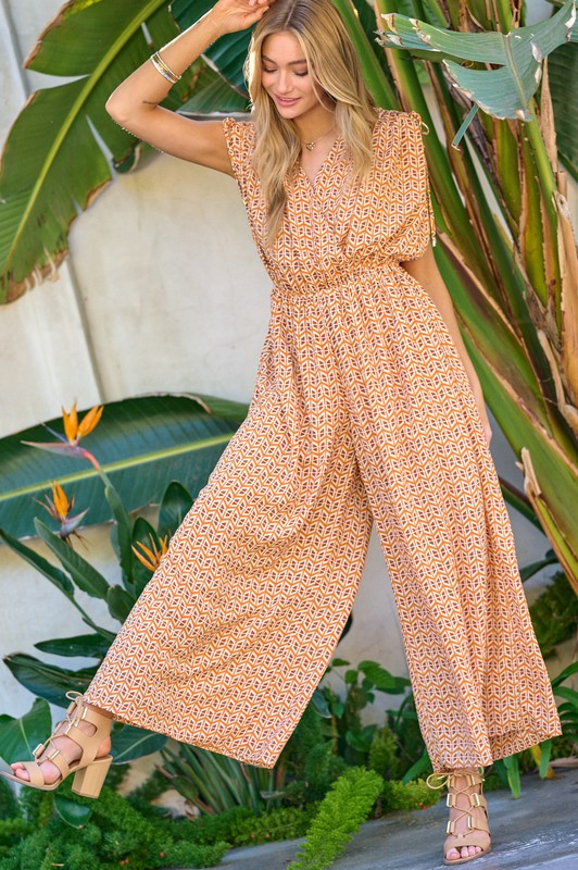 Printed V-Neck Sleeveless Jumpsuit Orange S by Davi &amp; Dani | Fleurcouture