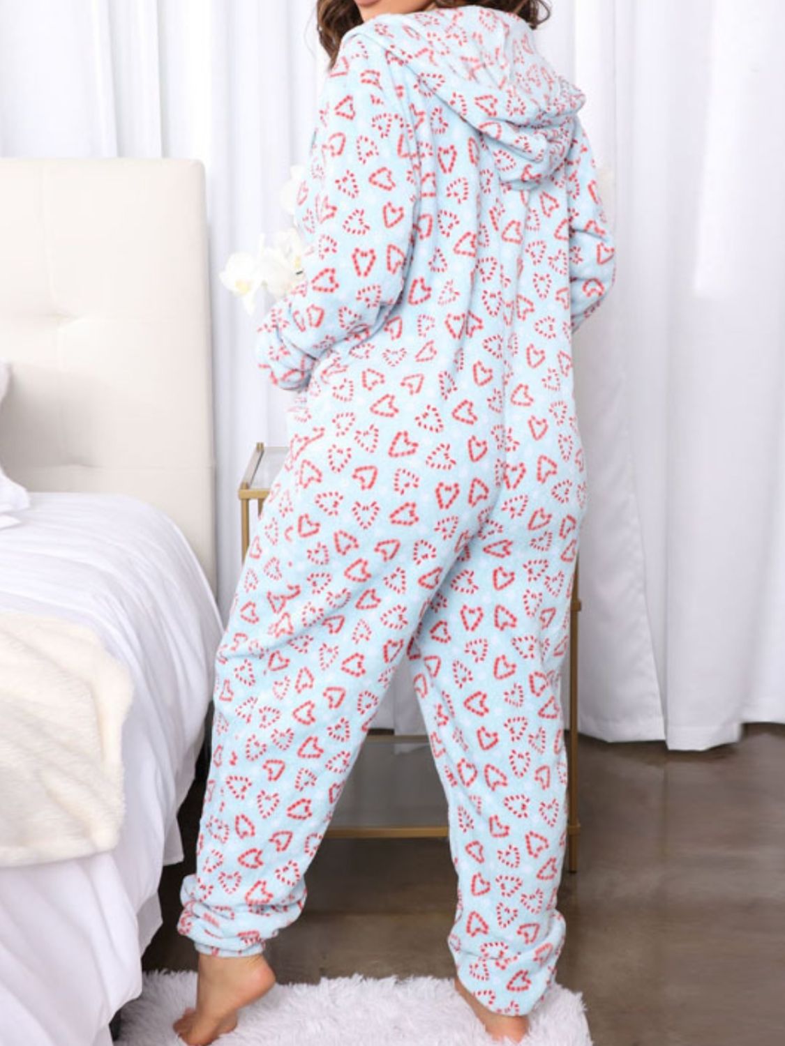 Printed Zip Up Long Sleeve Hooded Lounge Jumpsuit Loungewear by Trendsi | Fleurcouture