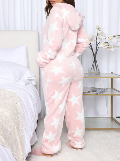 Printed Zip Up Long Sleeve Hooded Lounge Jumpsuit Loungewear by Trendsi | Fleurcouture