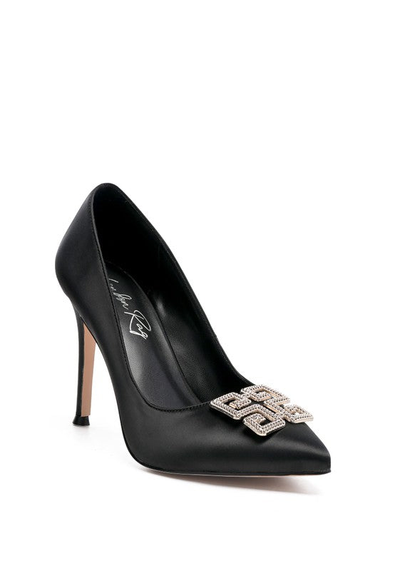 PRISCA STILETTO CRYSTAL BROOCH PUMPS Black 6 by Rag Company | Fleurcouture