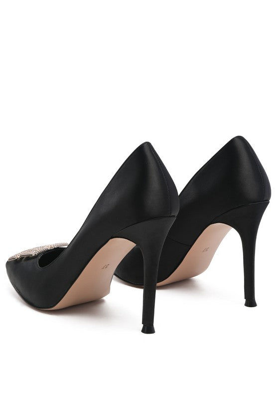 PRISCA STILETTO CRYSTAL BROOCH PUMPS Black by Rag Company | Fleurcouture