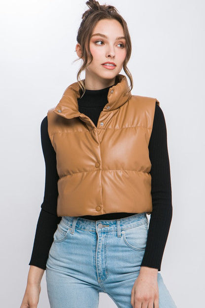 PU Faux Leather puffer West With Snap Button CAMEL L by Love Tree | Fleurcouture