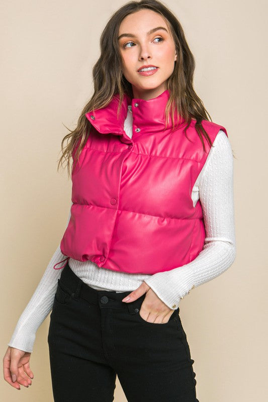 PU Faux Leather puffer West With Snap Button FUCHSIA S by Love Tree | Fleurcouture