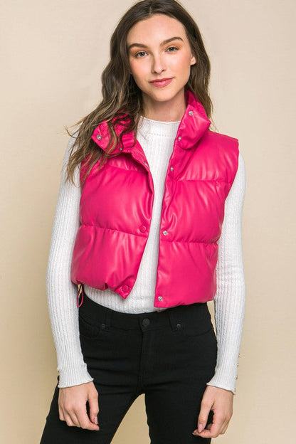 PU Faux Leather puffer West With Snap Button by Love Tree | Fleurcouture